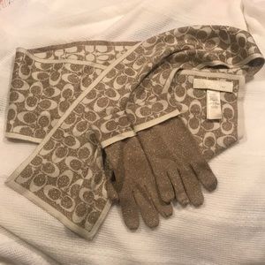 Coach shimmery gold scarf and glove set